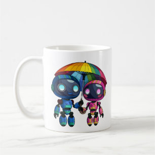 two cute robots with a colourful umbrella coffee mug