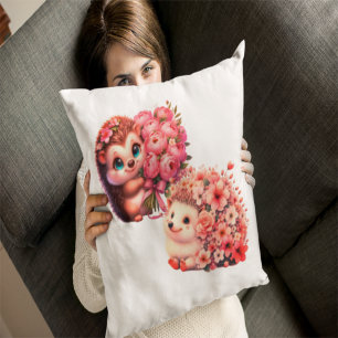 Two Cute Romantic Floral Hedgehog Couple Illustrat Cushion