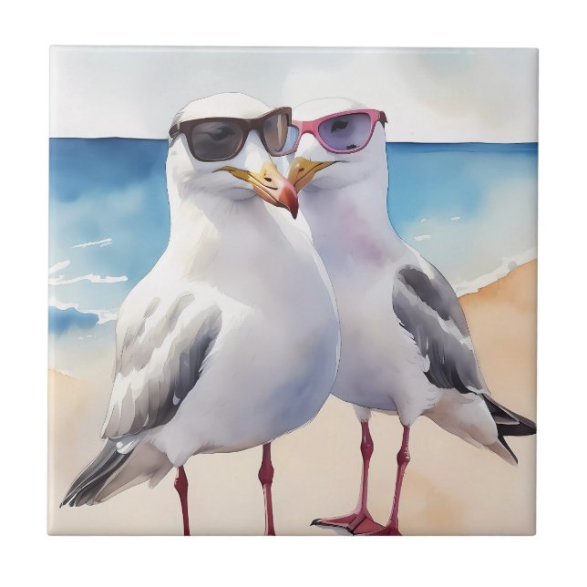 Two Cute Seagulls Inlove Ceramic Tile (Front)
