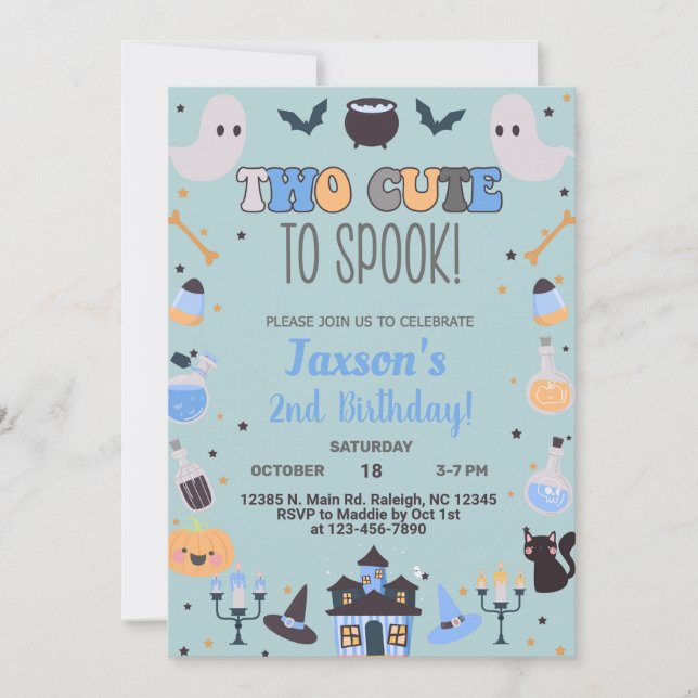 Two cute to spook Halloween boy blue invite. Invitation (Front)