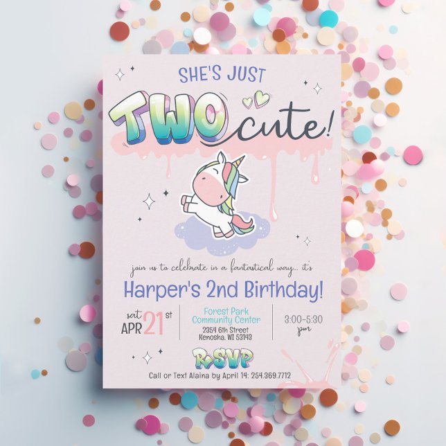 TWO Cute Unicorn Rainbow Pink Girl 2nd Birthday Invitation (TWO cute girly kawaii unicorn rainbow pink purple graffiti magic girl birthday invitation)