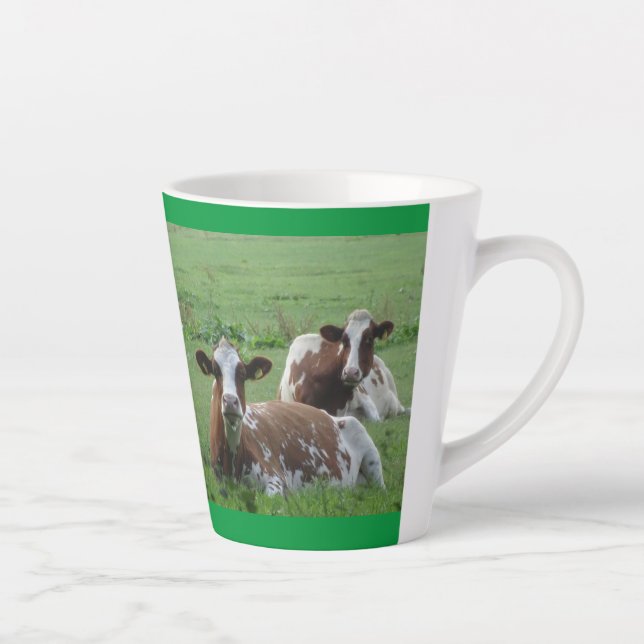 Two Cute White-Brown Cows Cust. Green Latte Mug (Right)