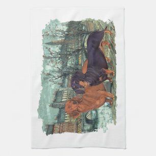 Two Dachshunds in the City Tea Towel