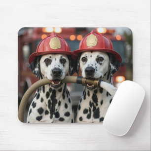 Two Dalmatian Dogs Holding a Fireman Hose Mouse Pad