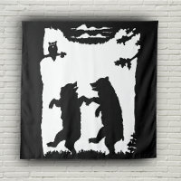 Two Dancing Black Bears Owl Trees Black Silhouette