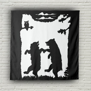 Two Dancing Black Bears Owl Trees Black Silhouette Tapestry