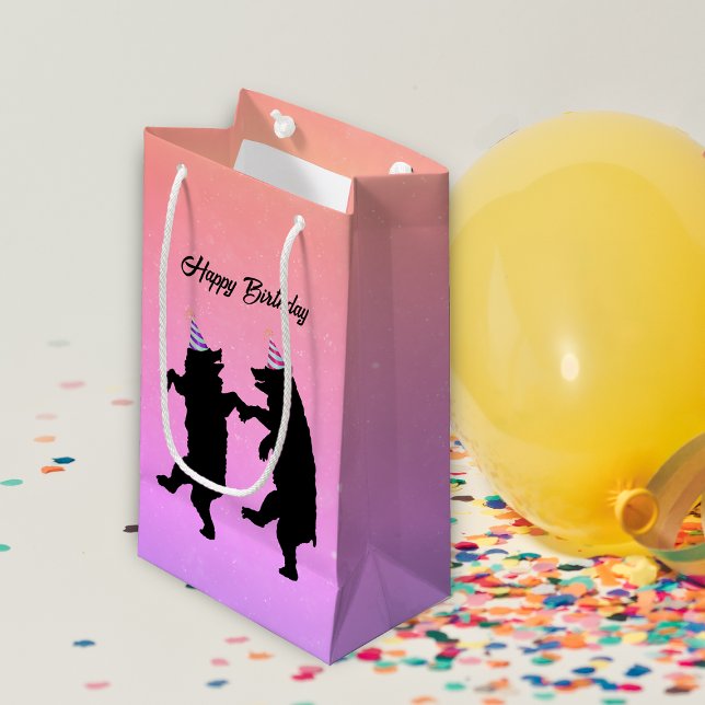Two Dancing  Black Bears Party Hats Birthday Small Gift Bag (Two happy black bears dancing wearing party hats on peach, pink purple Birthday gift bag.)