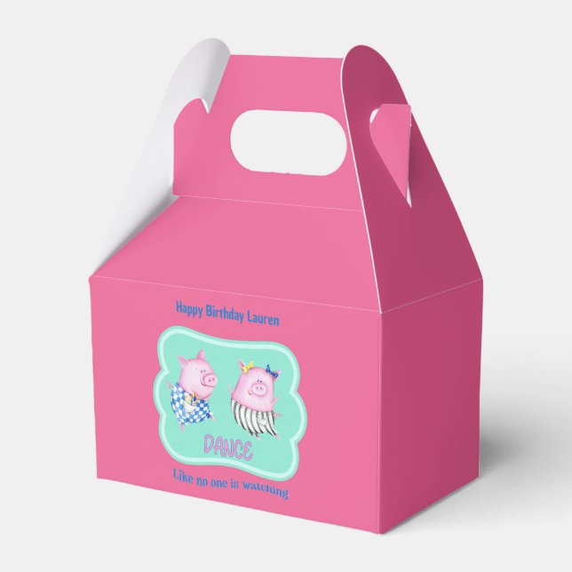 Two Dancing Pigs Personalised Text Happy Birthday Favour Box (Front Side)