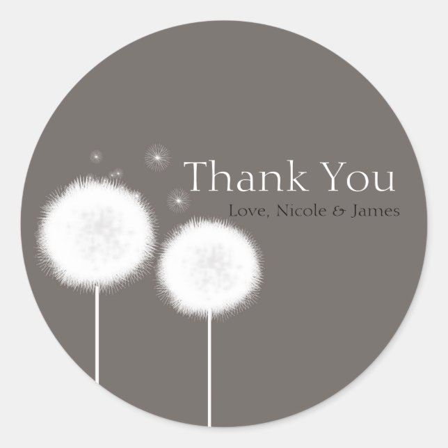 Two Dandelions Taupe Rustic Wedding Favour Classic Round Sticker (Front)