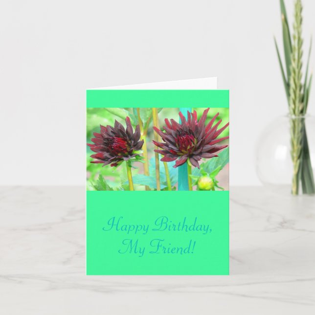 TWO DARK RED WINE-COLORED DAHLIAS CARD (Front)