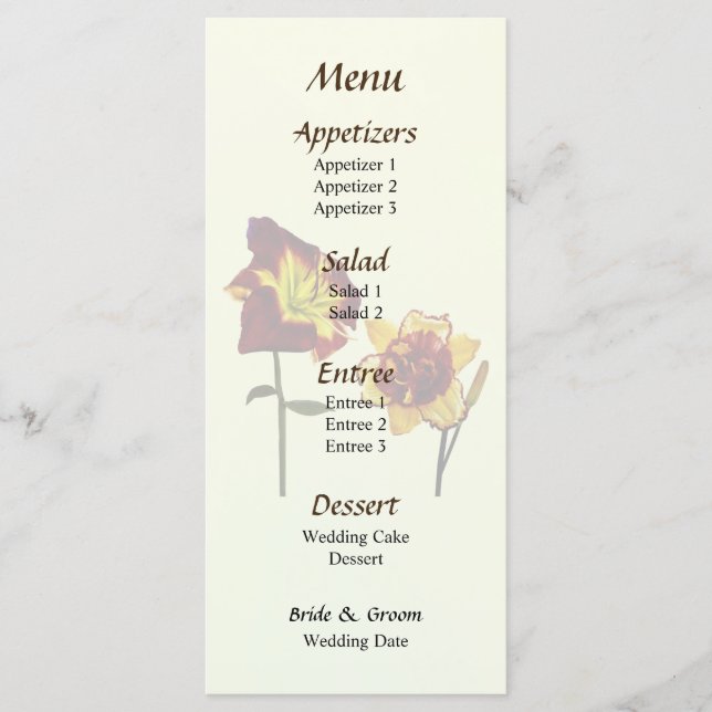 Two Daylilies having a Chat Wedding Menu (Front)