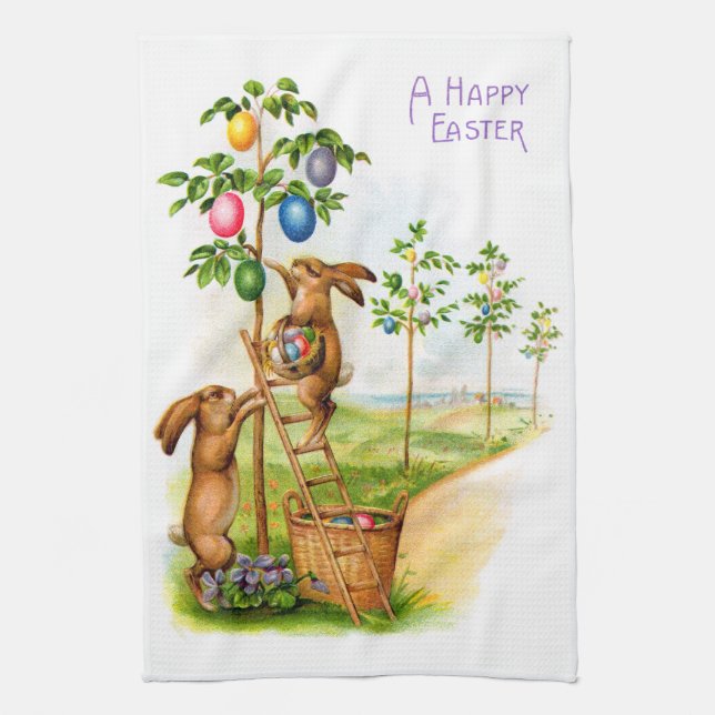 Two Decorating Rabbits Tea Towel (Vertical)