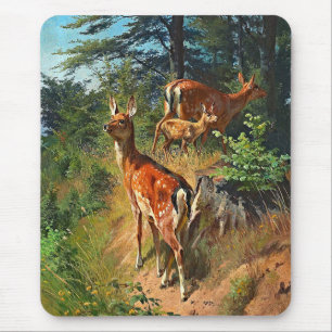 Two Deer And Cute Fawn In The Forest Mouse Pad