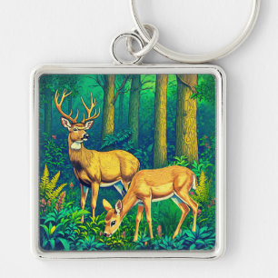 Two Deer in a Green Forest  Key Ring