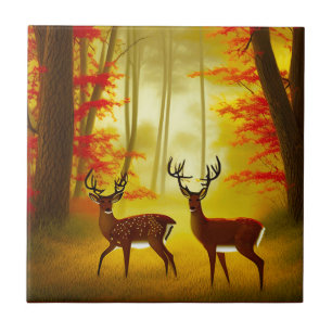 Two deer in an Autumn Forest / Woods Ceramic Tile