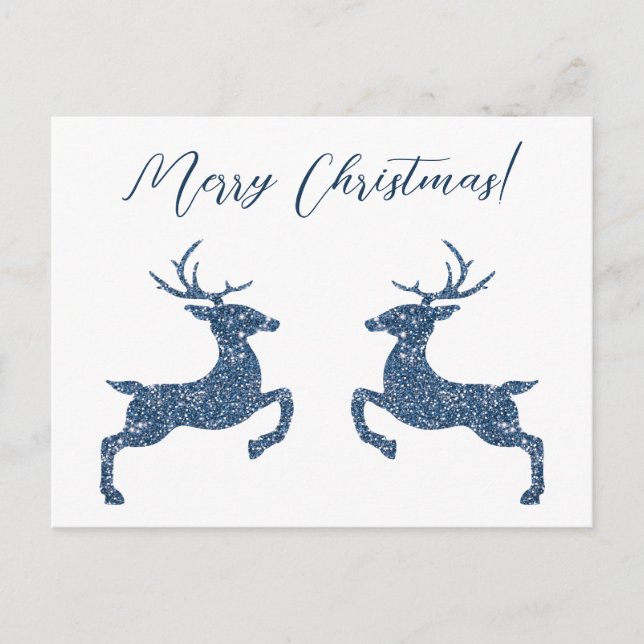 Two Deer In Faux Blue Glitter Look And Custom Text Postcard (Front)