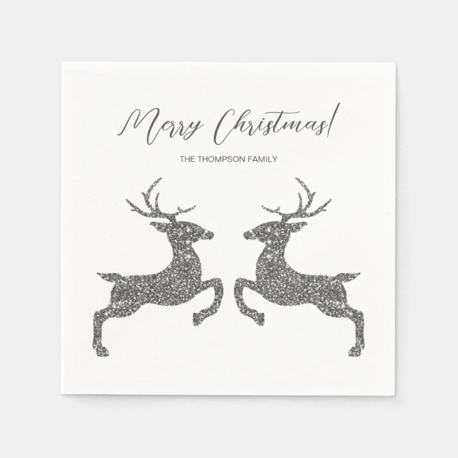 Two Deer In Faux Silver Glitter With Custom Text Napkin (Front)