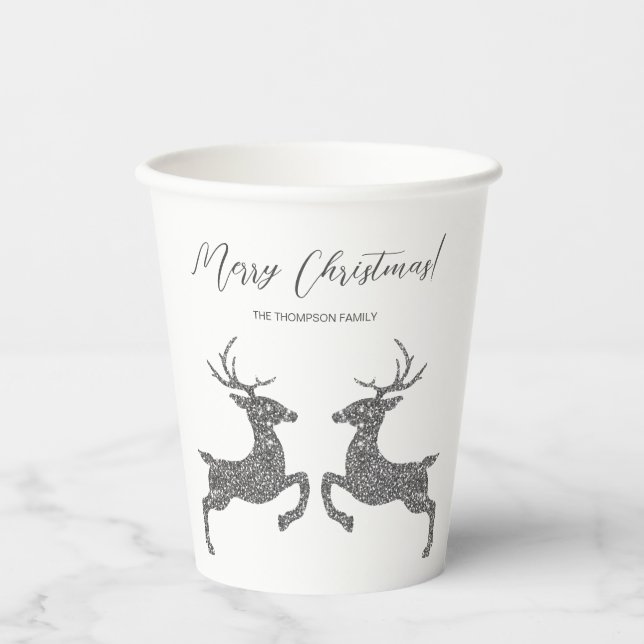 Two Deer In Faux Silver Glitter With Custom Text Paper Cups (Front)