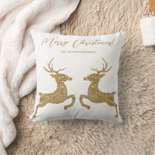 Two Deer In Faux Yellow Glitter With Custom Text Cushion
