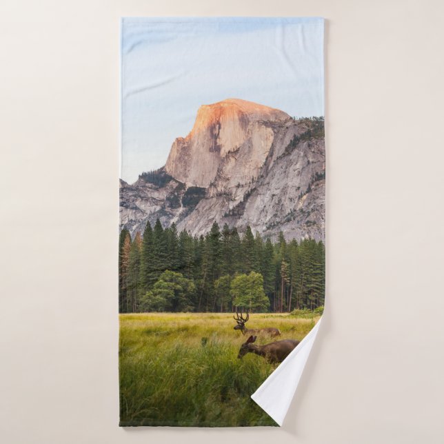 TWO DEER IN FRONT OF HALF DOME IN YOSEMITE VALLEY  BATH TOWEL (Bath Towel)