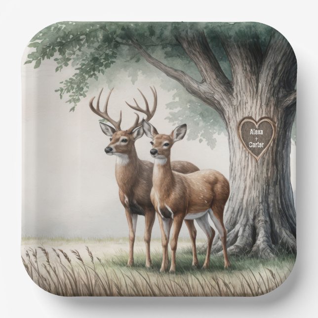 Two Deer With Carved Heart and Names Paper Plate (Front)