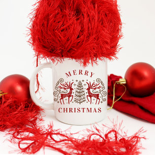 Two Deers Merry Christmas Red & Brown Coffee Mug