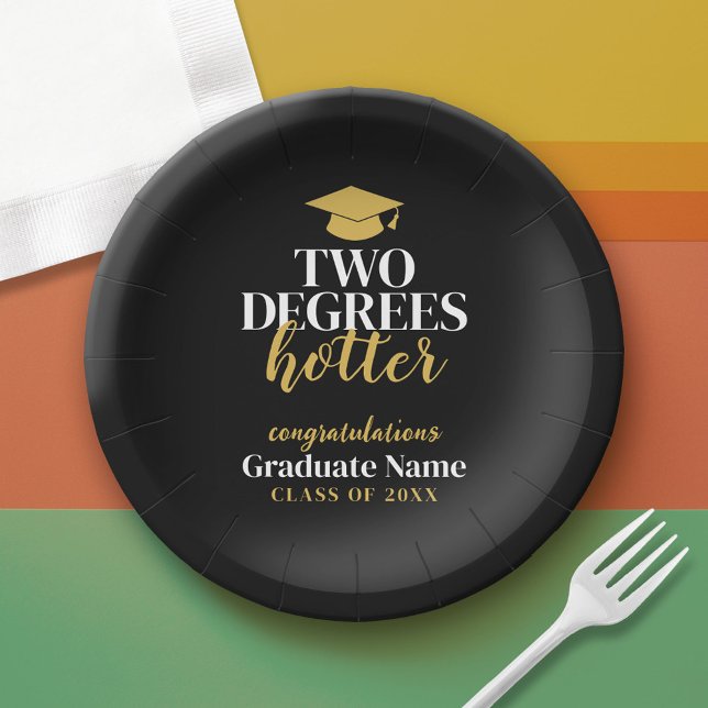 Two Degrees Hotter - Name - Black Gold Graduation Paper Plate (Custom Graduation Paper Plate)