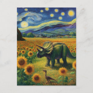 Two Dinos in Van Gogh Starry Night Sunflowers Postcard