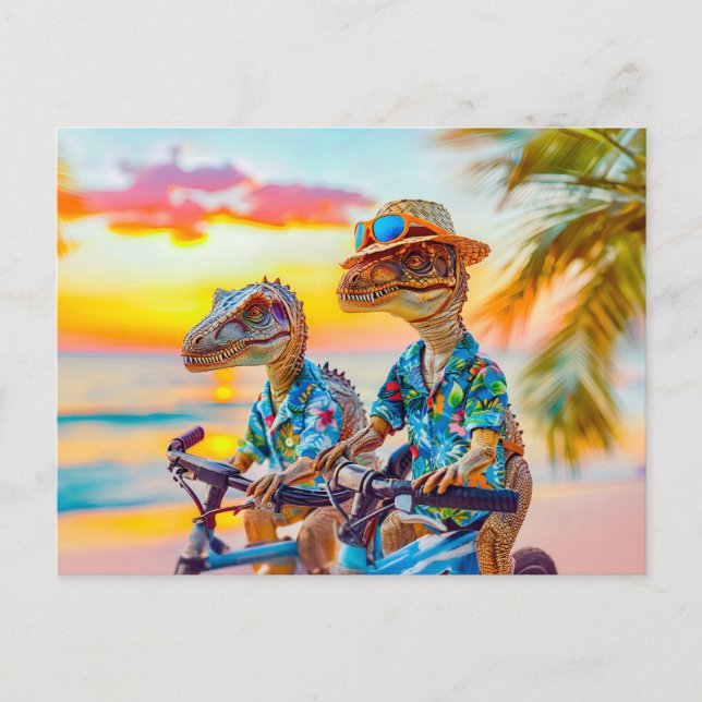 Two Dinos on Sunset Bike Ride Holiday Postcard (Front)