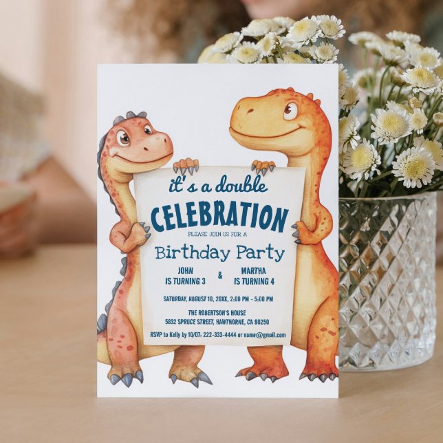 Two Dinosaurs Holding Sign Double Birthday Party Invitation (Creator Uploaded)