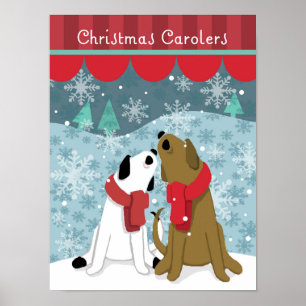Two Dog Christmas Carolers Sing in Snow Poster