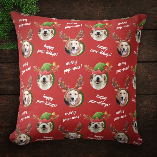 Two Dog Photo Elf & Reindeer Antler Hat Christmas Cushion (Creator Uploaded)