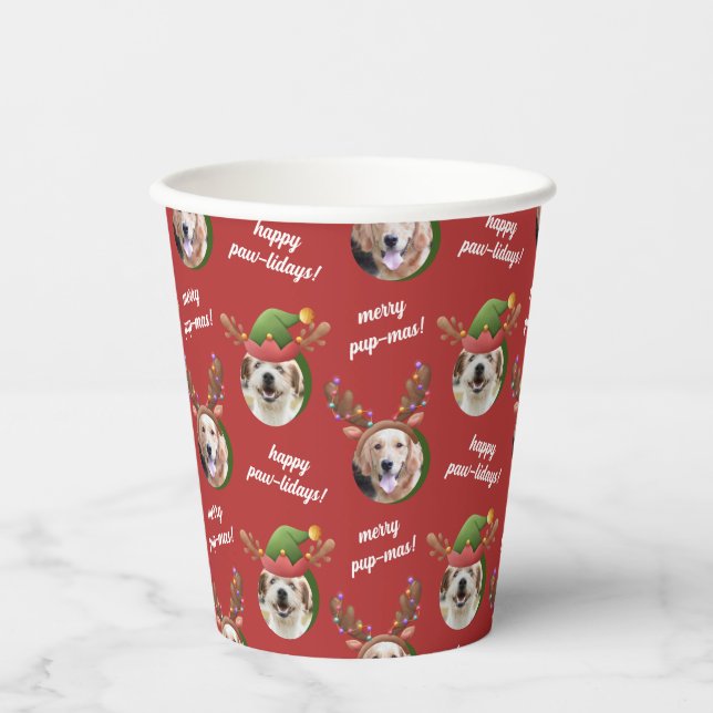 Two Dog Photo Elf & Reindeer Antler Hat Christmas Paper Cups (Front)