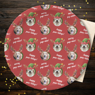 Two Dog Photo Elf & Reindeer Antler Hat Christmas Paper Plate