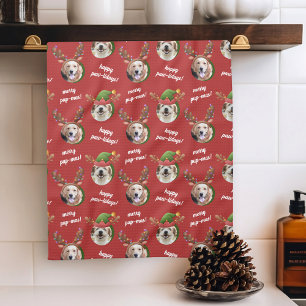 Two Dog Photo Elf & Reindeer Antler Hat Christmas Tea Towel