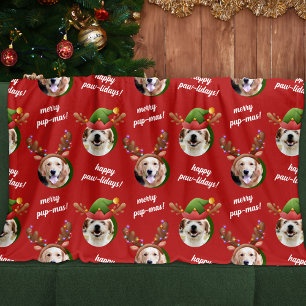 Two Dog Photo Reindeer Antler Merry Christmas Red Fleece Blanket