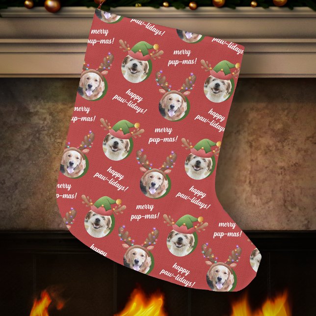 Two Dog Photo Reindeer Antler Merry Christmas Red Large Christmas Stocking (Creator Uploaded)
