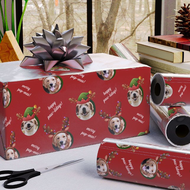Two Dog Photo Reindeer Antler Merry Christmas Red Wrapping Paper (Creator Uploaded)