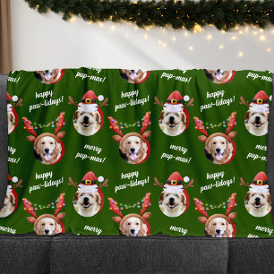 Two Dog Photo Reindeer Merry Christmas Green Fleece Blanket