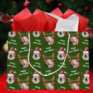 Two Dog Photo Reindeer Merry Christmas Green Large Gift Bag