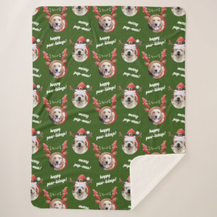 Two Dog Photo Reindeer Merry Christmas Green Sherpa Blanket