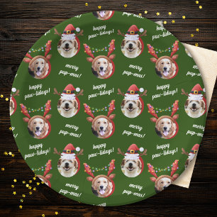 Two Dog Photo Santa Reindeer Antler Hat Christmas Paper Plate