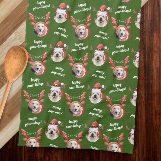 Two Dog Photo Santa Reindeer Antler Hat Christmas Tea Towel (Creator Uploaded)