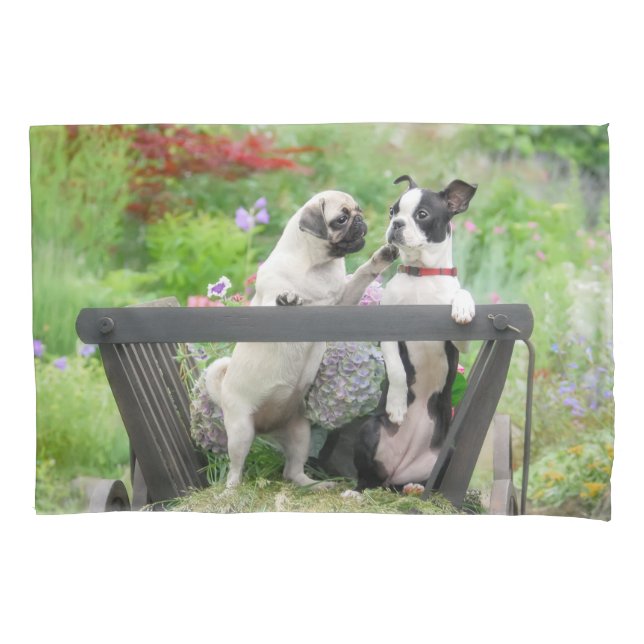 Two dogs a pug puppy and Boston Terrier in a cart Pillowcase (Front)