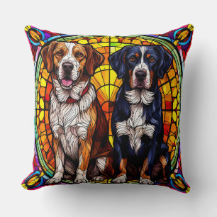 Two Dogs in a Stained-Glass Design Cushion
