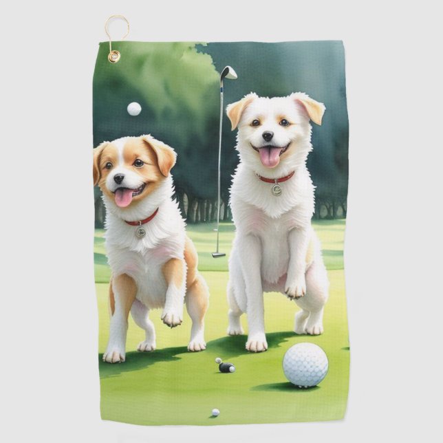 Two Dogs Playing Golf Towel (Front)