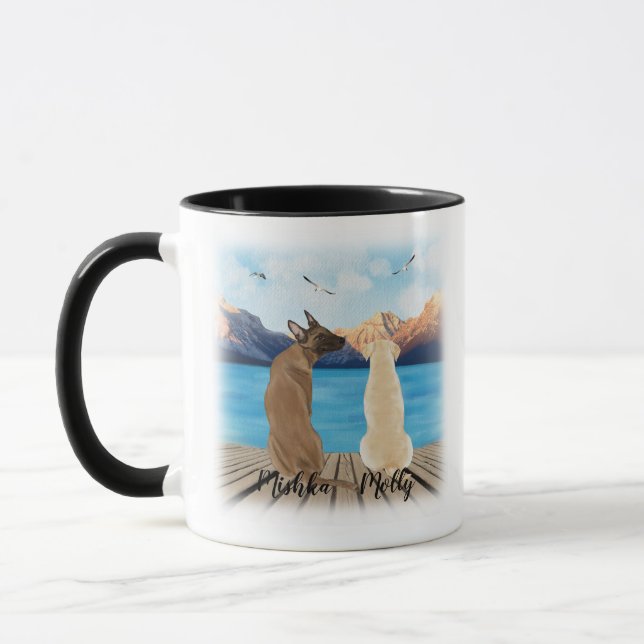 Two dogs sitting on a dock customise mug (Left)