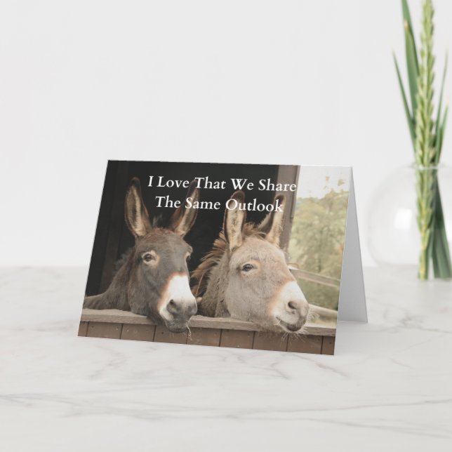 Two Donkeys Share Same View on Farm Card (Front)