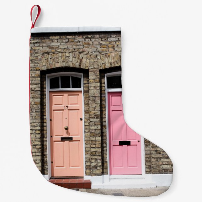 TWO DOORS TOGETHER DURING DAYTIME SMALL CHRISTMAS STOCKING (Front)