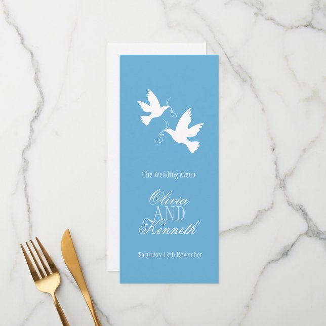 Two doves blue & white wedding dinner menu (Front/Back In Situ)